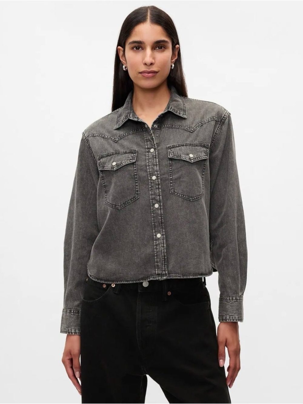 NWT GAP Gray Acid Washed Western Denim Shirt Pearl Snap Petite Small